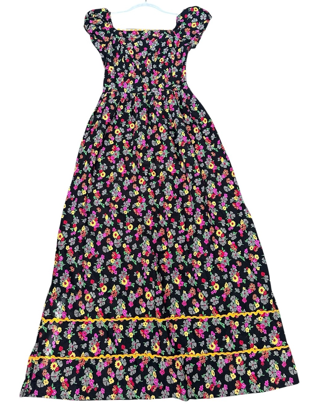 Black Floral Maxi Dress with Pink & Yellow Blooms